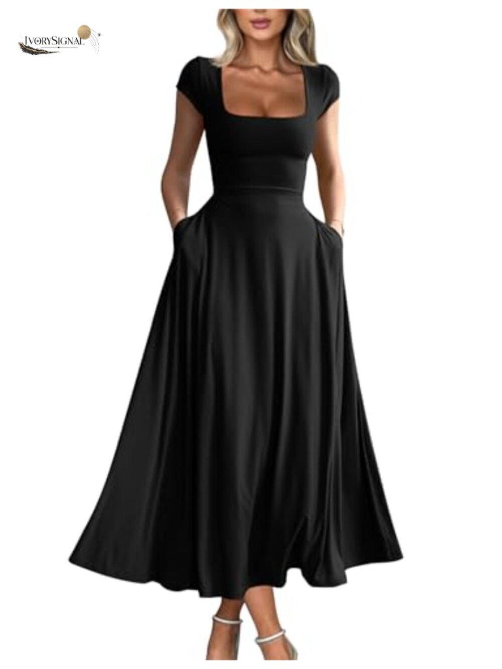 Women's Short Sleeve Square Neck Flowy Long Dress with Pockets